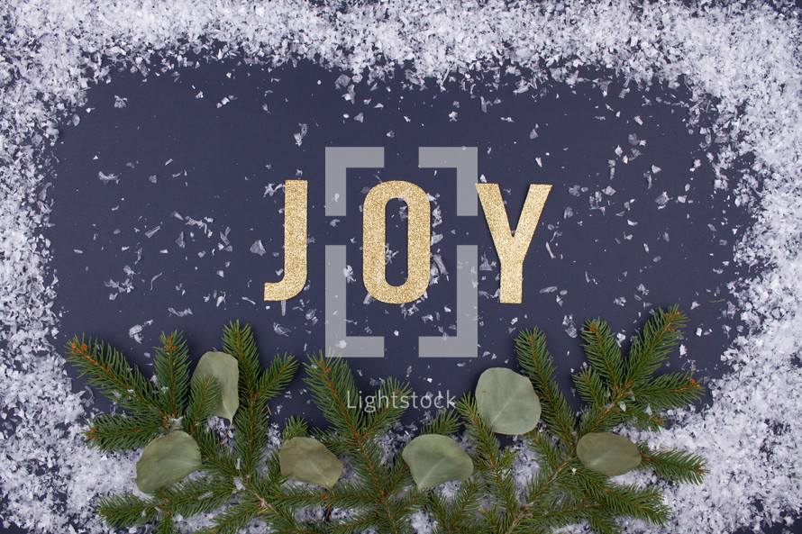 word joy with snow border and pine 