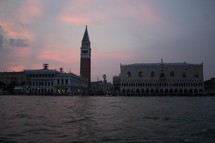 view of a bell tower in Venice at sunset 