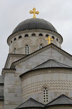 Podgorica Serbian Orthodox Cathedral, Montenegro. Domes and golden crosses.