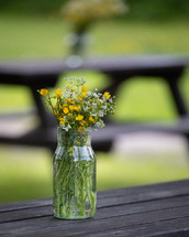 A bouquet of flowers in a glass jar