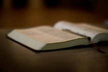 pen on the pages of an open Bible 