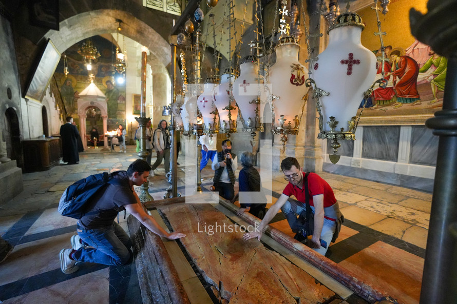 The Stone of Unction in the Church of the Holy Sepulchre in Jerusalem 