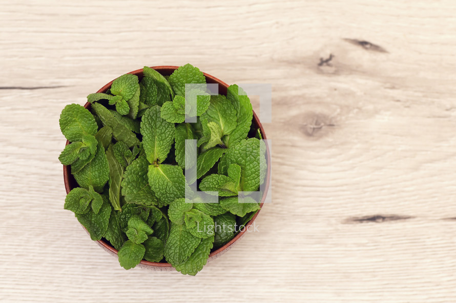 Wooden Bowl and Fresh Mint leaves on a white wood background 