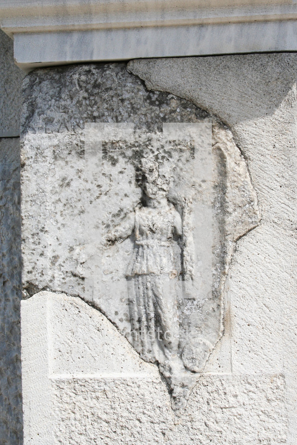 A stone engraving depicting nemosis. This historic theater in Philippi would have been visited by the Apostle Paul, Silas, Lydia and early Christians from Acts 16. The theater would have housed dramas and gladiator fights.  