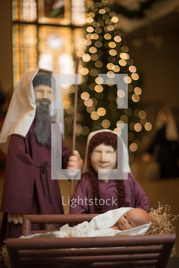 Christmas tree, figurines, Mary, Joseph, Baby Jesus, Christmas, church 