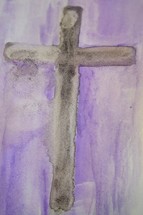watercolor cross on purple background 