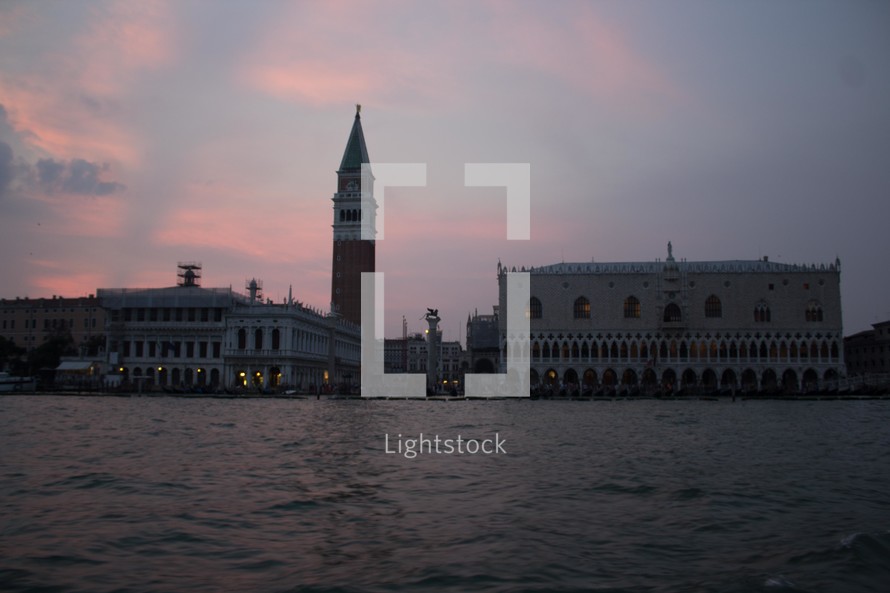 view of a bell tower in Venice at sunset 