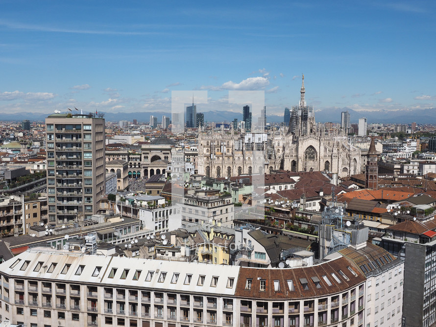 MILAN, ITALY - CIRCA APRIL 2016: Aerial view of the skyline of the city