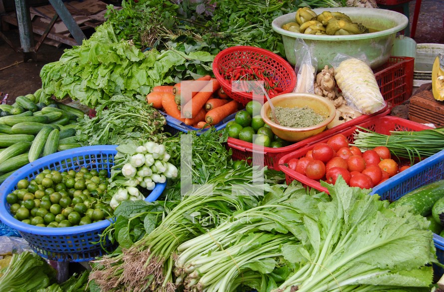 fruits and vegetables in a farmers market 