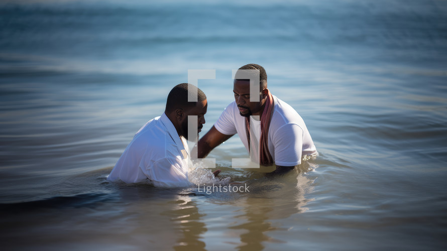 Baptism. A black Pastor baptize a black man in the water