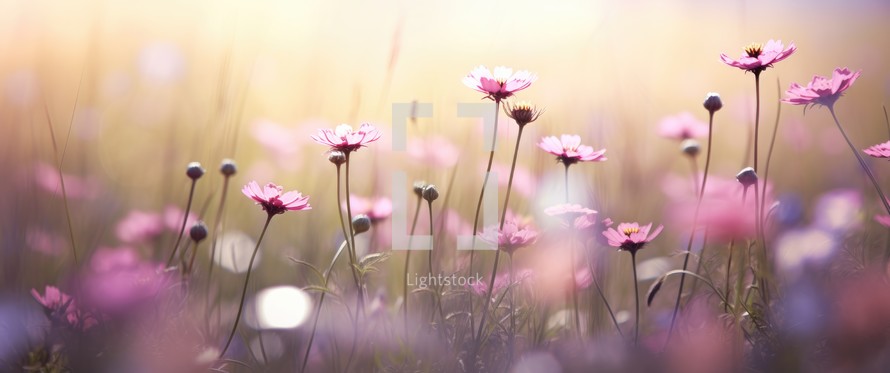 Beautiful pink cosmos flowers blooming in the meadow at sunrise