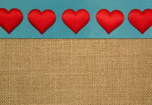 red hearts on teal and burlap 