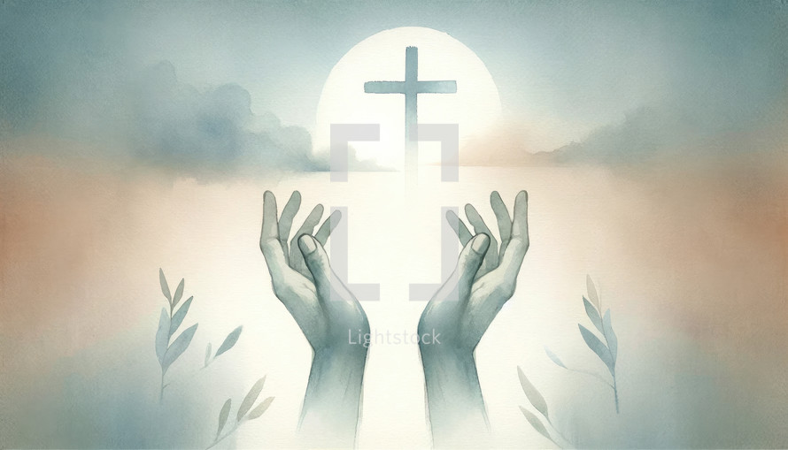 Hands with cross on sky background. Christian symbols. The cross in the sky.