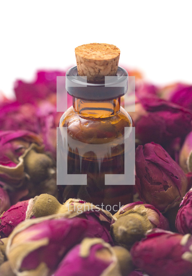 Rose Essential Oil in a Rustic Corked Bottle