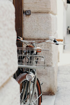 basket on a parked bike 