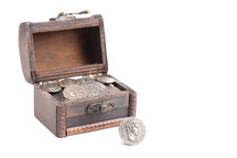 A Treasure Chest Filled with Ancient Coins on a White Background