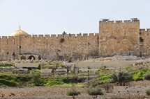 The Walls around the Old City of Jerusalem, Golden Gate and Dome of the Rock