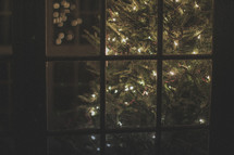 A lighted Christmas tree through a window 