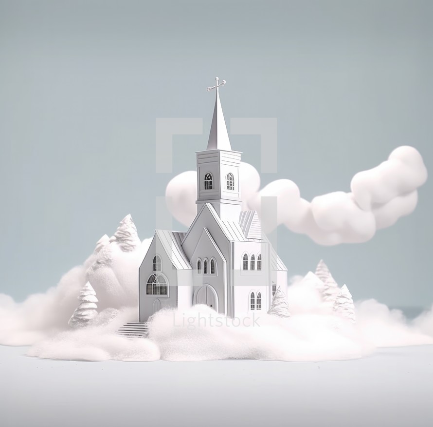 White christian church in the clouds. 3d render. Christmas card.