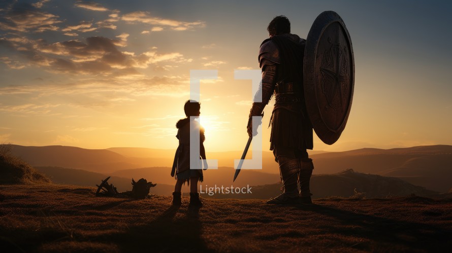 David and Goliath. Giant and child on top of mountain at sunset. Biblical concept