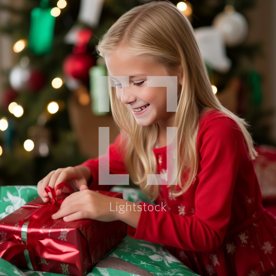 Holidays, presents, childhood and people concept - smiling little girl with Christmas gift box over living room background