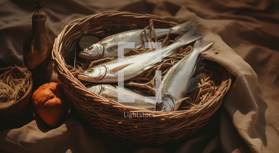 "Feeding the multitude". Fishes in a wicker basket on a brown background.