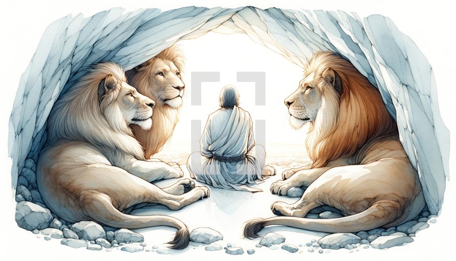 Daniel in the lions' den. Daniel and the Very Hungry Lions. Digital illustration.