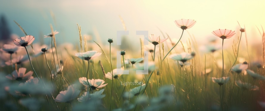 Field of daisies in the morning light. Nature background.