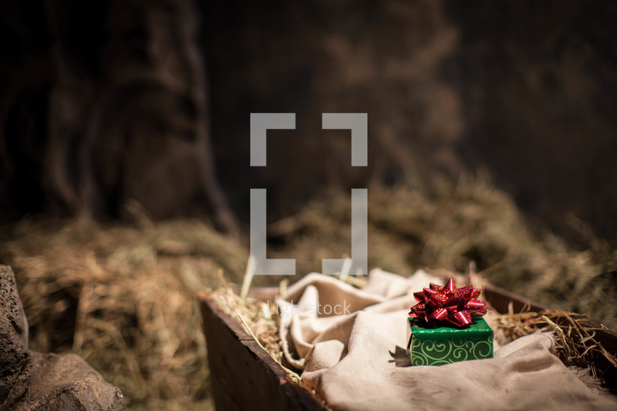 Green wrapped box with red bow on linen cloth in basket of hay.