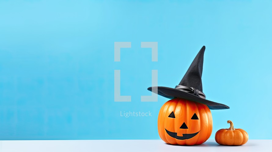 Halloween pumpkins with witch hat on blue background, copy space