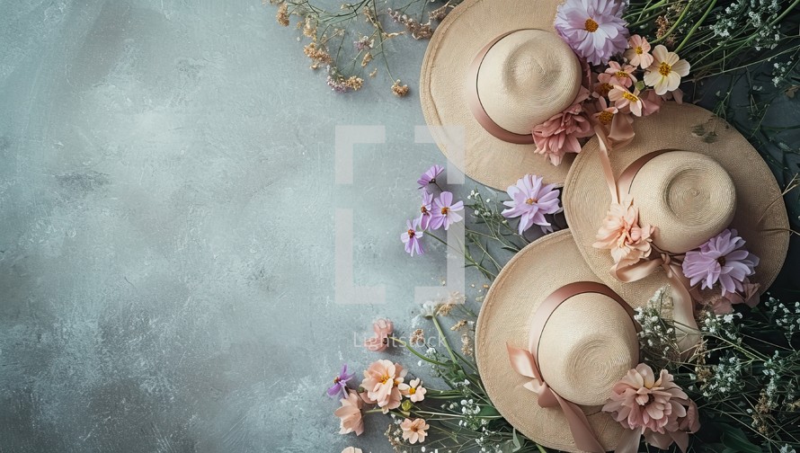Summer straw hats with flowers on grey background. Top view with copy space