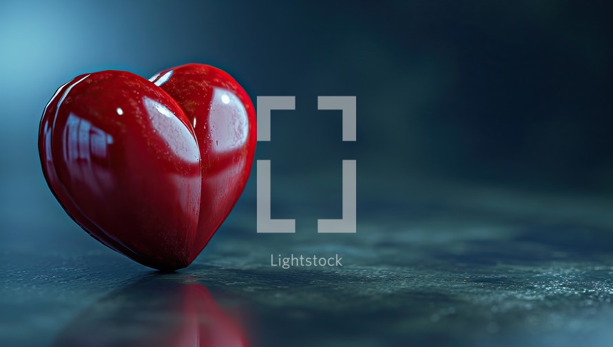 A glossy red heart on a reflective surface under soft lighting