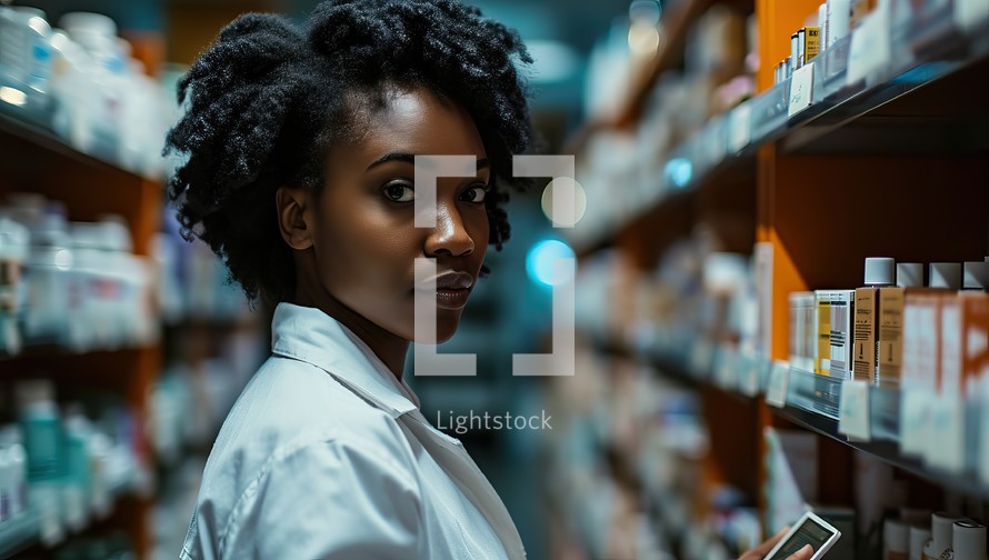 Pharmacist browsing medications in a pharmacy