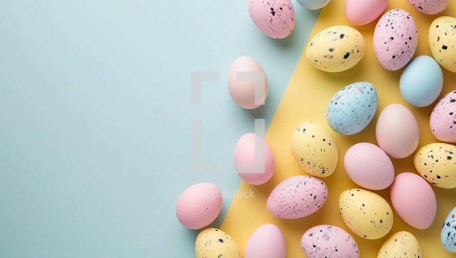 Colorful Easter eggs on pastel blue and yellow background with copy space