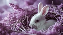 Cute little white rabbit on a purple background. Selective focus.