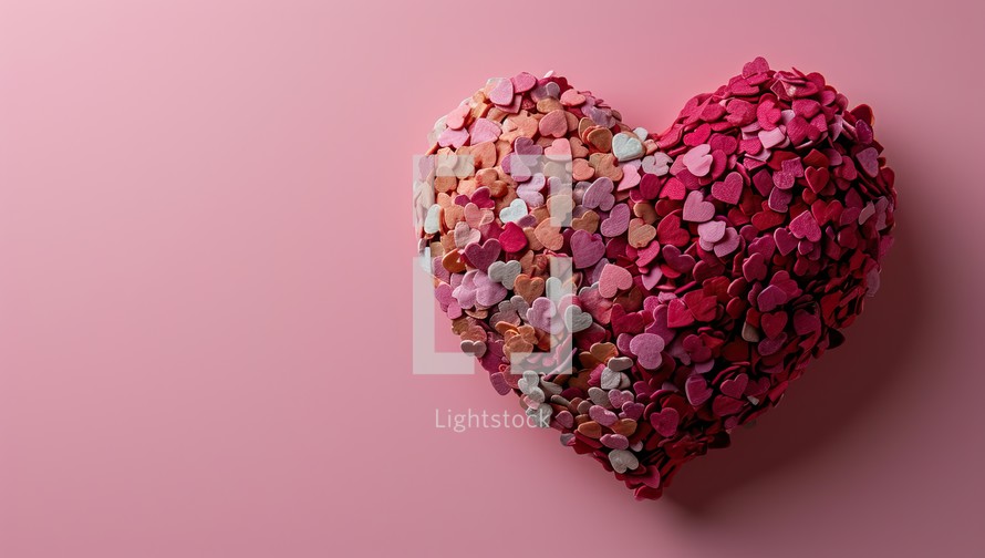 Heart shaped decoration made of colorful flower petals on a pink background. Valentines day concept