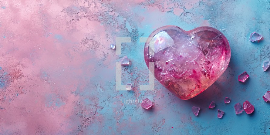 Crystal Heart Amidst Gemstones on a Colorful Surface. Copy space. Valentine's Day concept.
