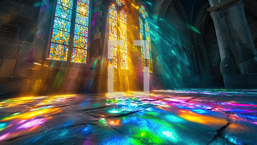 Colorful light rays from a stained glass window illuminating a dark church interior