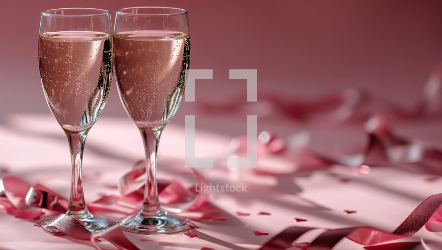 Two glasses of champagne with pink ribbons on pink background