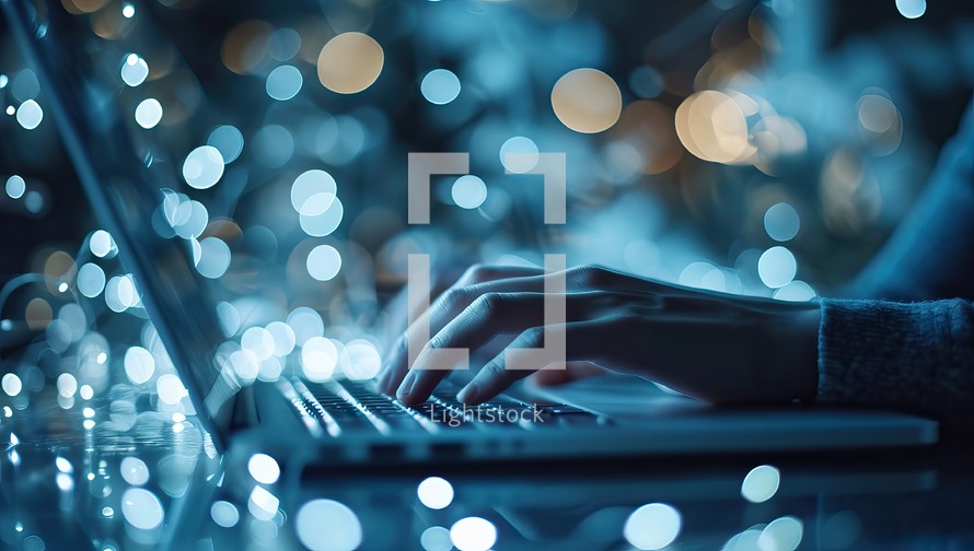 Close up of woman hands typing on laptop keyboard with bokeh background