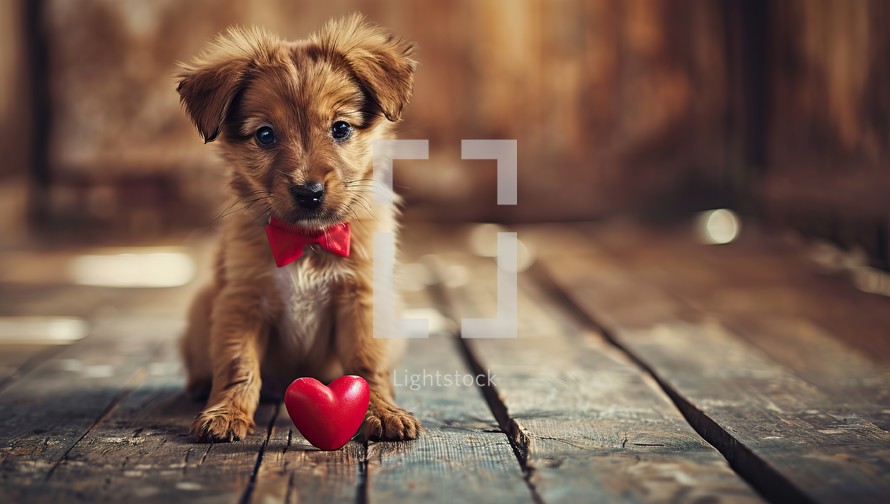 Adorable Puppy with Red Bow Tie and Heart