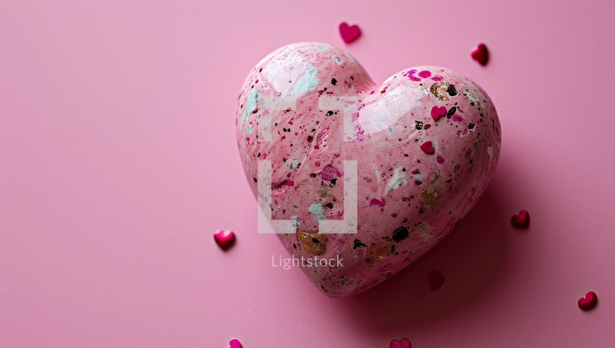 Pink Heart Shaped Stone with Sparkles on a Pink Background