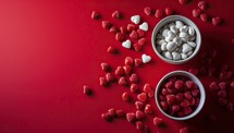 Valentine's day background. Red and White Heart Shaped Candies in Bowls on a Red Background.