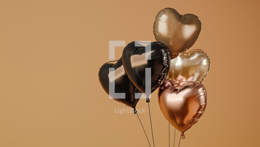 Bunch of golden and black heart shaped balloons on a brown background