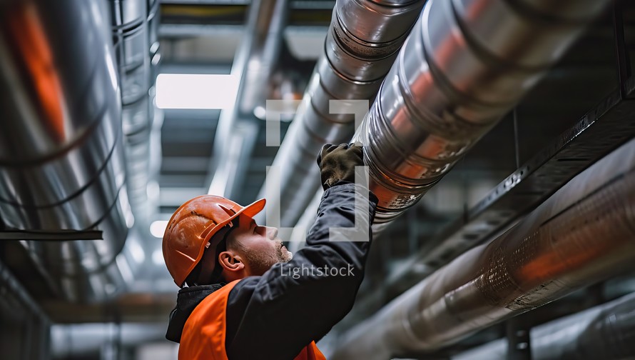 Worker Inspecting Industrial Pipelines