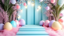 Festive Easter Stage with Colorful Eggs and Lights