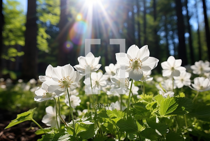  White flowers bloom beautifully under the bright sun in a lush forest