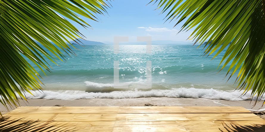 Wooden table top on tropical beach with palm leaves and sea background