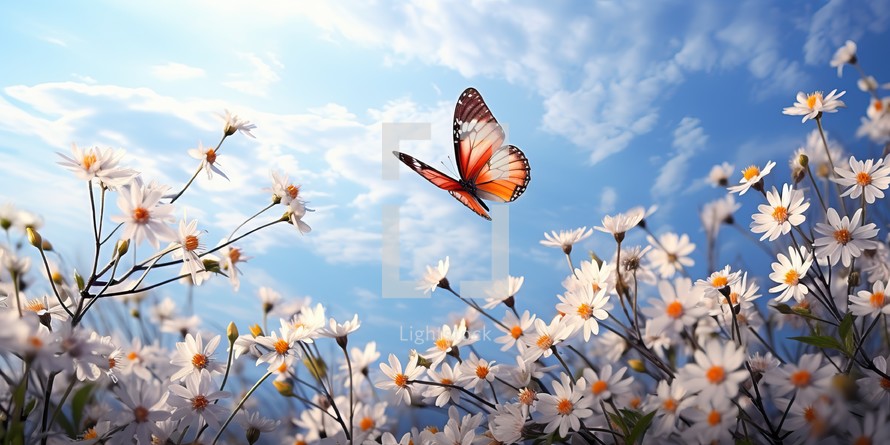 A butterfly in flight amidst blooming white flowers under a clear blue sky