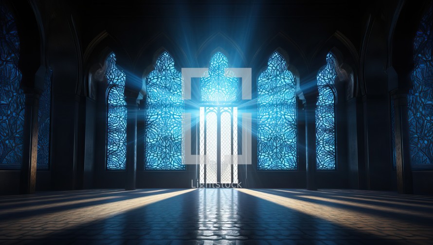 a mosque with a blue window and a light beam
